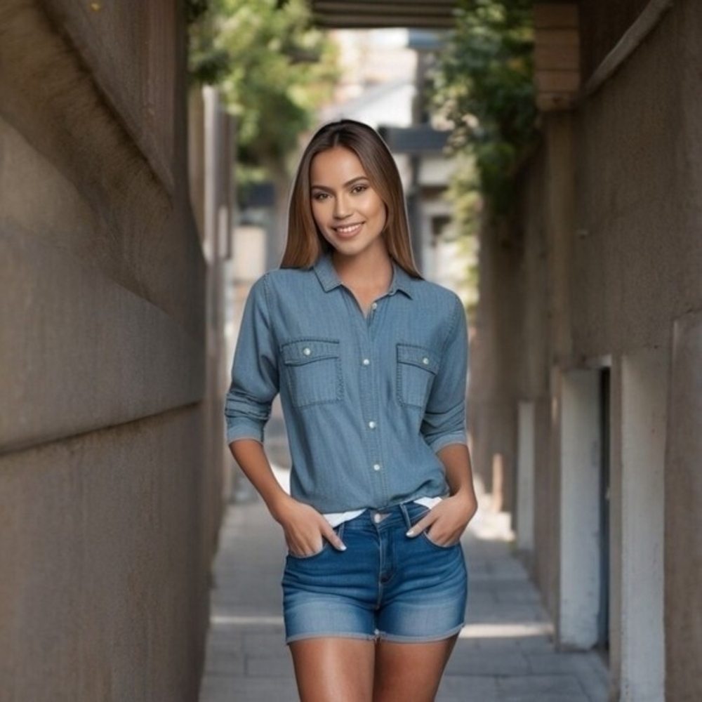 Old Navy Women's Light Blue Chambray Half Button Tunic Shirt M Long Sleeve VG